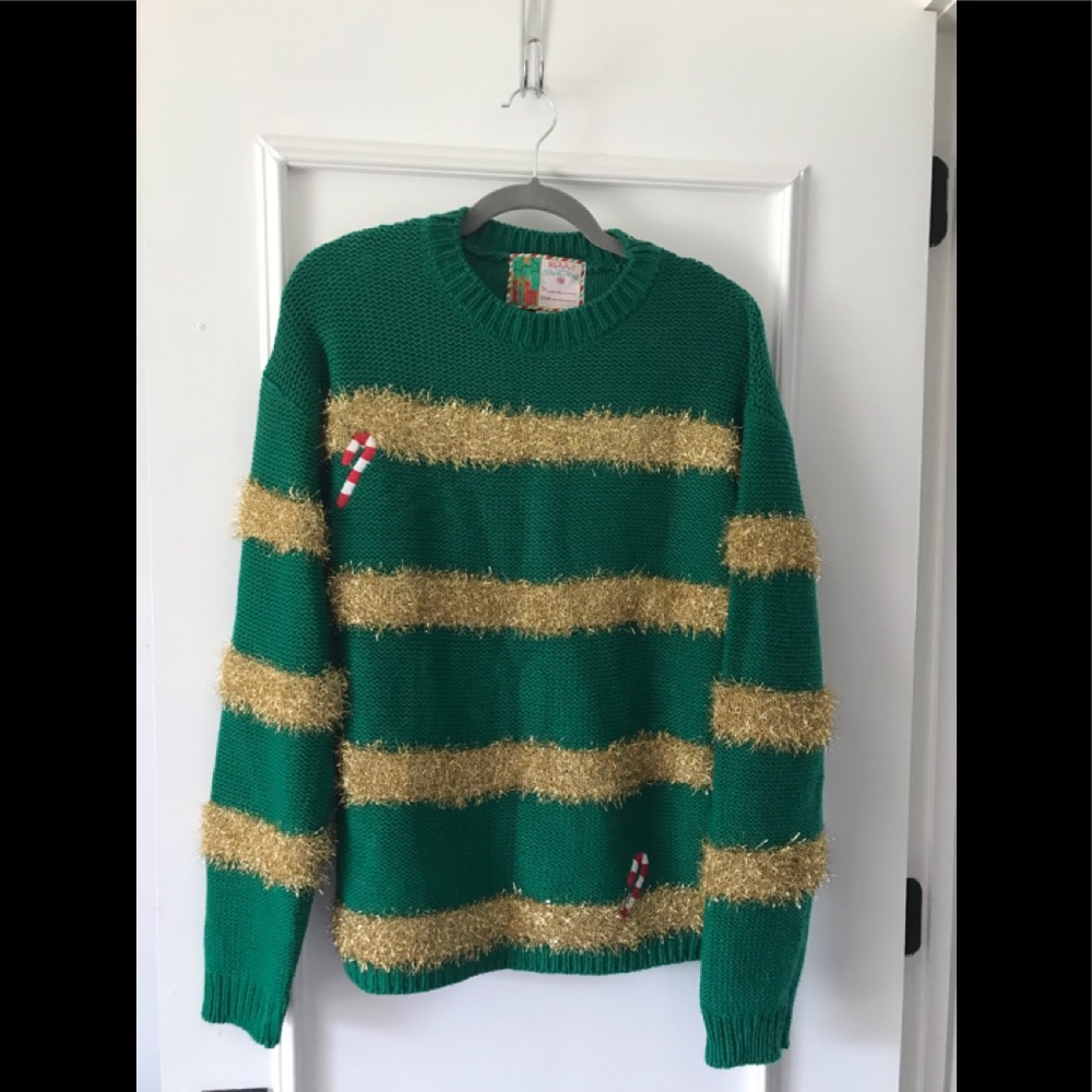 Merry Christmas Gold Tinsel & Candy-cane Sweater Green - Picture 9 of 15